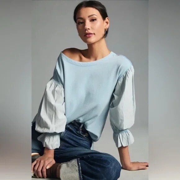 Anthropologie Tops - Anthropologie Pilcro Mixed-Media Pullover Top Ruffle Cuff Blue Size Small NWT